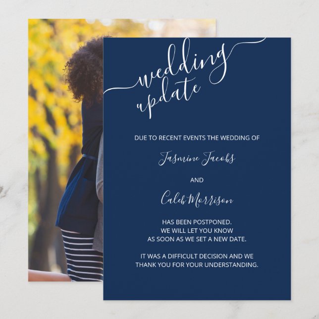 Carte de report de photo Mariage Bleu marine Mise  (Devant / Derrière)