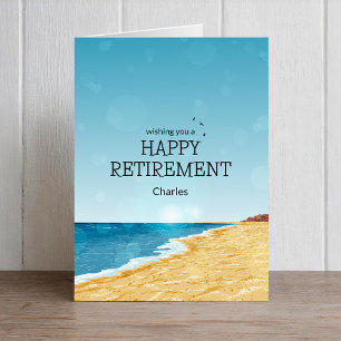 Carte de retraite avec plage, mer et ciel bleu