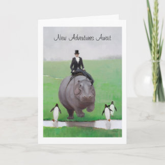 Carte de retraite d'hippopotame et de pingouins