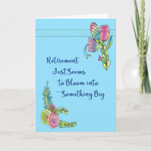 Carte de retraite florissante en bleu avec fleurs