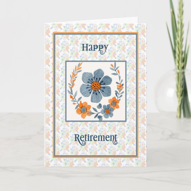 Carte de retraite générale Orange & Fleurs bleues (Devant)