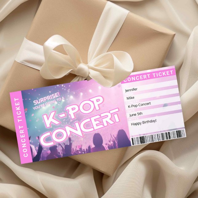 Carte de révélation de billet de concert K-Pop sur (Surprise K-Pop Concert Ticket Printable)