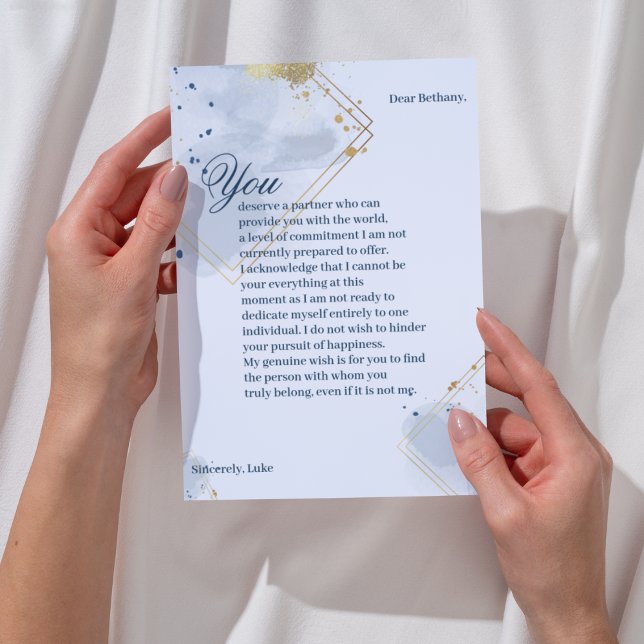 Carte de rupture bleue et or (Say its over with this elegant breakup card. Add your own heartfelt message. )