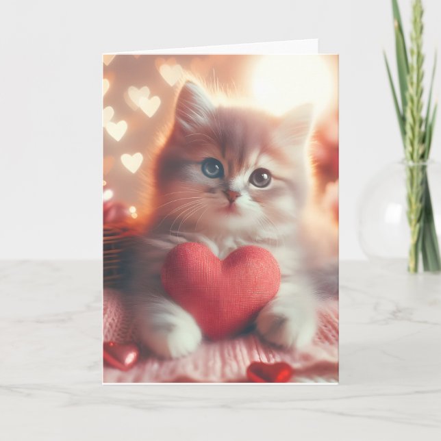 Carte de Saint-Valentin blanche avec un petit chat (Devant)