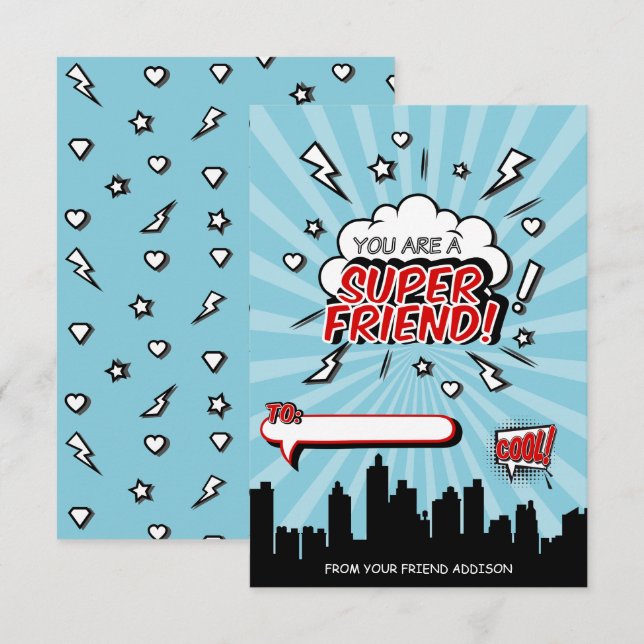 Carte de Saint-Valentin Super hero Friend Comic (Devant / Derrière)