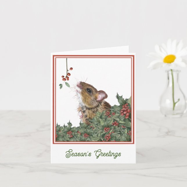 Carte de saison festive Souris, Houx, Gui (Petite plante)