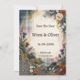 Carte de sauvegarde de date à motif floral tartan 
