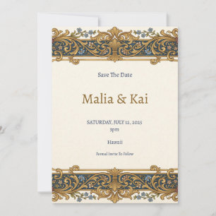 Carte de sauvegarde de date Blue Gold Baroque