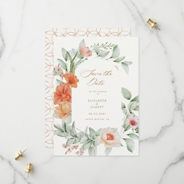 Carte de sauvegarde de date de mariage florale de  (Devant/Arrière en situation)