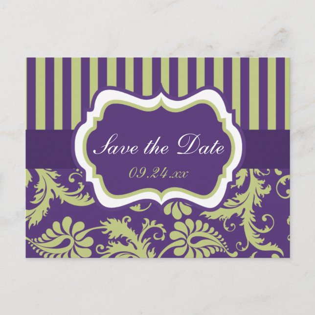 Carte de sauvegarde de date en damas violet, blanc (Devant)