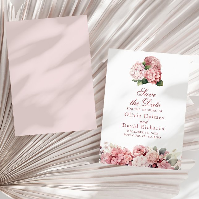 Carte de sauvegarde de date Hydrangea Rose Poussié (Elegant Dusty Rose Hydrangea Wedding Save The Date on a sunny neutral dry palm leaf.)
