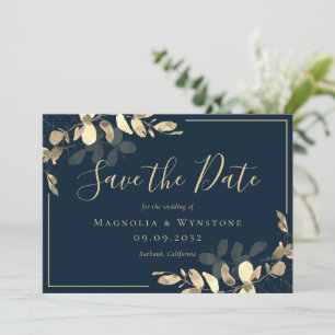 Carte de sauvegarde de date Navy Gold Eucalyptus