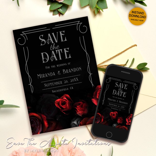 Carte de sauvegarde de mariage florale noire et ro (Créateur téléchargé)