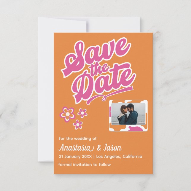 Carte de sauvegarde de mariage rétro rose et orang (Devant)