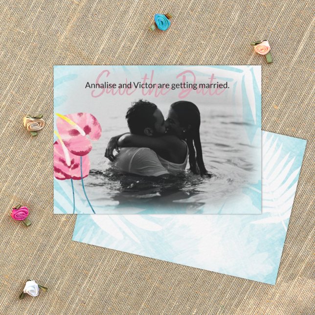 Carte de sauvegarde Tropical Pink Gumdrop Flowers (turquoise and pink tropical wedding save the date card, pink gumdrop flowers, hawaiian theme)