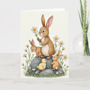 Carte de scène printanière de la famille lapin