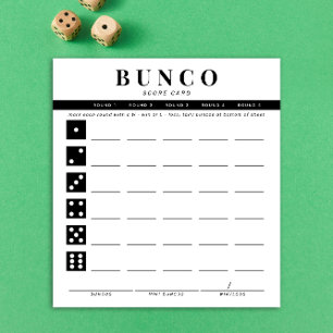 Carte de score simple Bunco noir et blanc à quatre