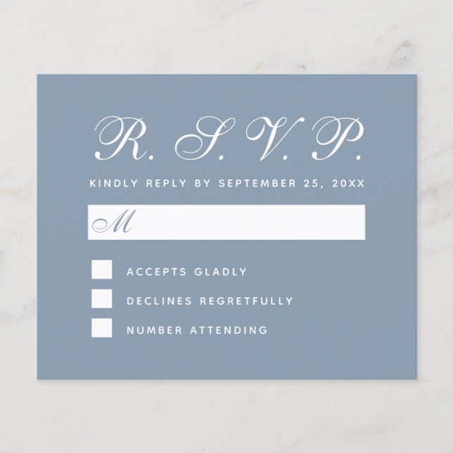 Carte de script blanc simple RSVP Dusty Blue Budge (Devant)