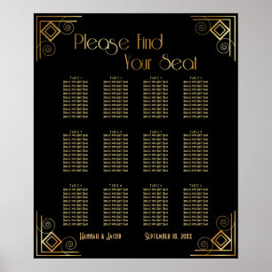 Carte de siège Art déco noir et or