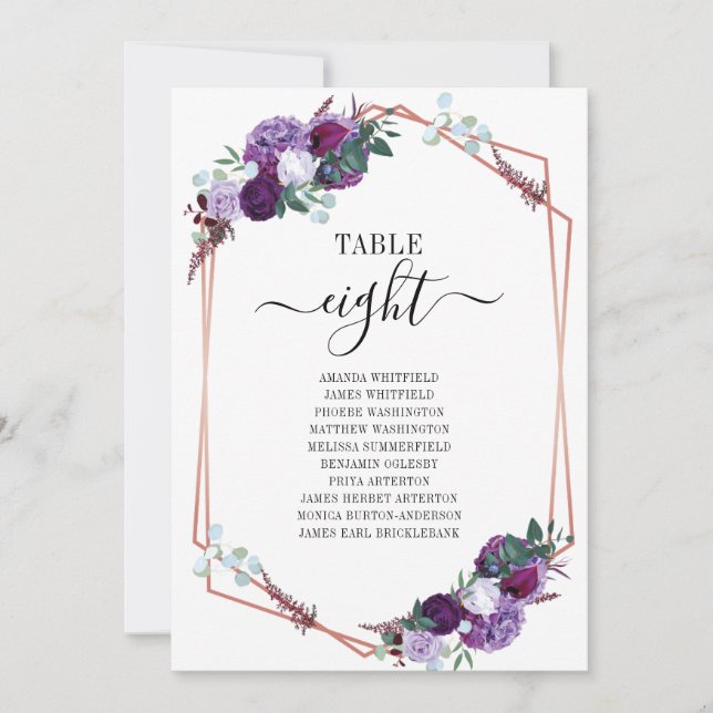 Carte de siège de Mariage Rose Floral Violet Gold  (Devant)