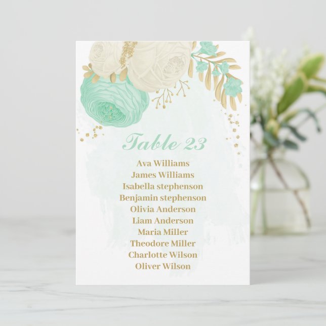 carte de siège en or vert menthe et fleurs blanche (Debout devant)