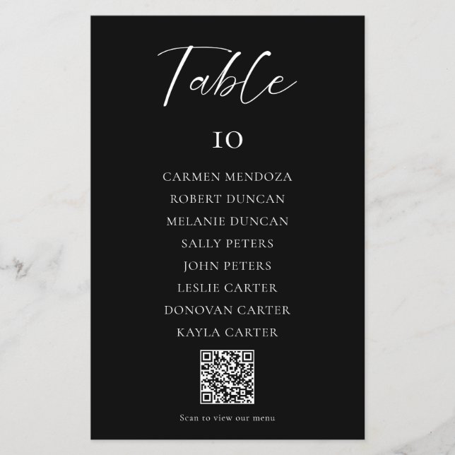 Carte de siège Mariage noir QR Code Menu (Devant)