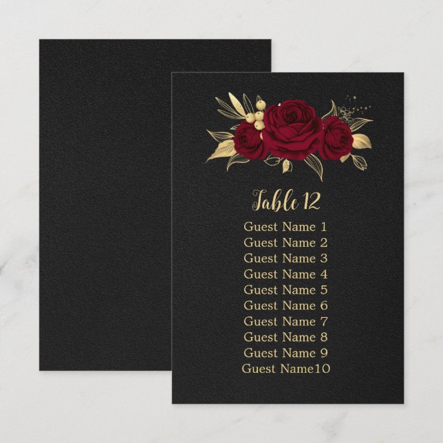 carte de siège noir à fleurs d'or bordeaux (Devant / Derrière)