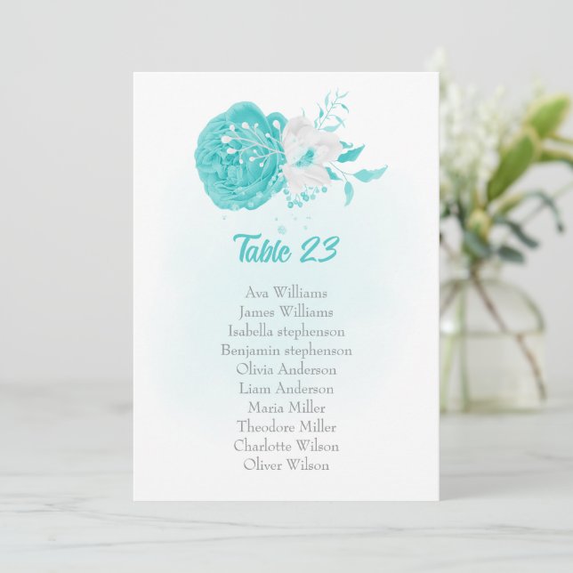 carte de sièges fleuris turquoise et blanche (Debout devant)