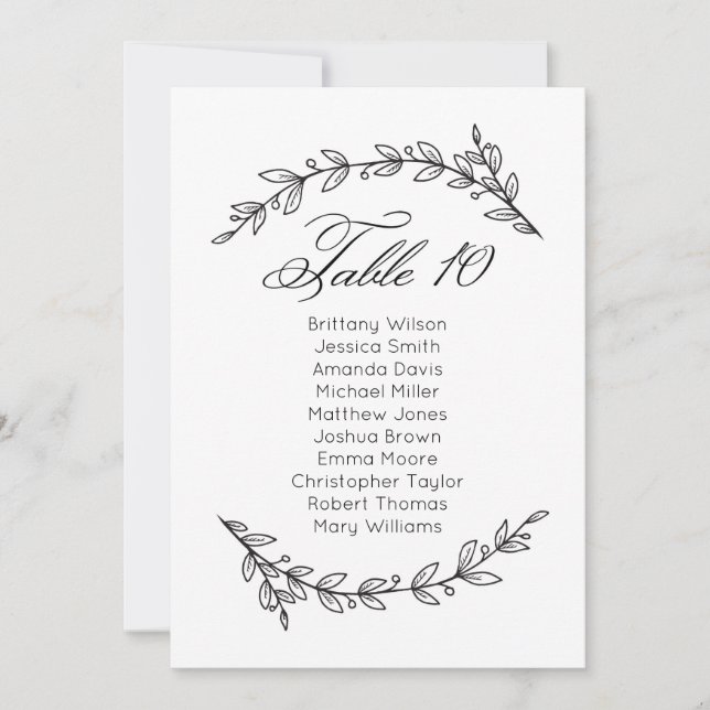 Carte de sièges mariage simple fleurie. Tableau 10 (Devant)