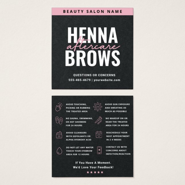 Carte de soins Premium Carré rose noir Henna Brows (Devant & derrière)