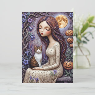Carte de sorcière féline fantaisiste Halloween Lun