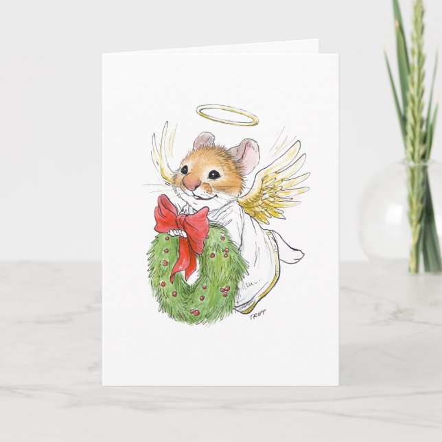 Carte de souris ange de Noël avec couronne (Devant)