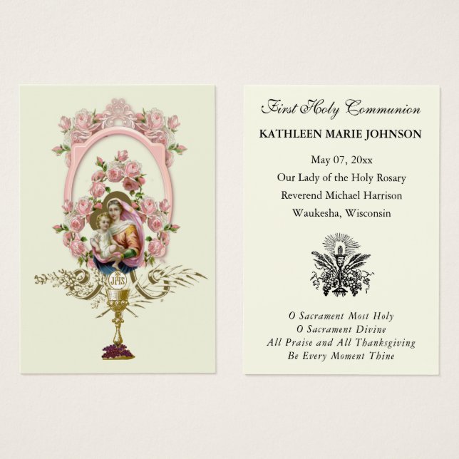 Carte de souvenir de première communion catholique (Devant & derrière)