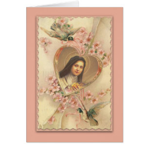 Carte de St Therese de cru avec les fleurs roses