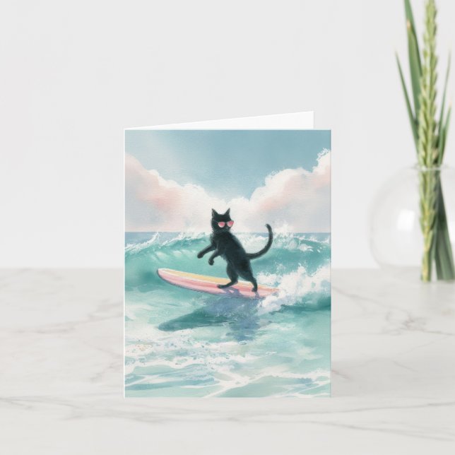 Carte de surfeur de chat noir Whimsical (Devant)