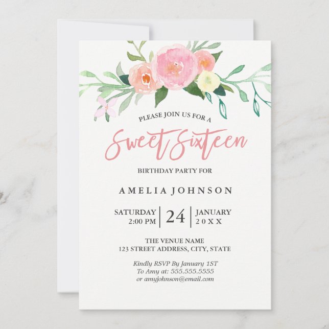Carte de Sweet sixteen d'aquarelle végétale (Devant)