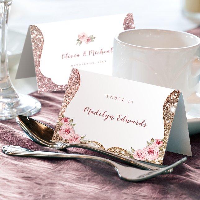 Carte de table à paillettes rose gold et fleurs (Sparkle rose gold glitter floral Place Card)