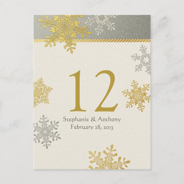 Carte de table de mariage d'hiver Silver Gold Snow (Devant)