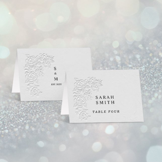 Carte de table de mariage Faux Embossed White Rose (Créateur téléchargé)
