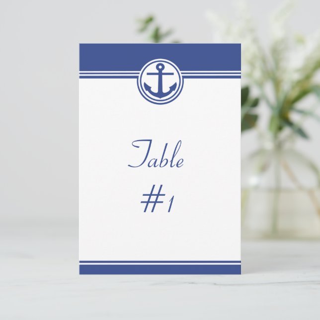 Carte de table de réception d'ancre nautique bleu  (Debout devant)