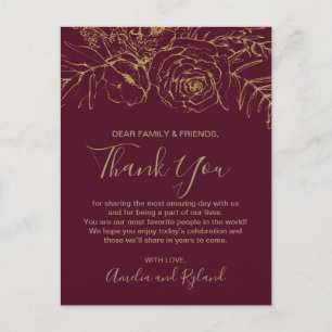 Carte de table en Merci doré et bordeaux floral