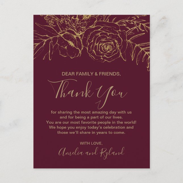 Carte de table en Merci doré et bordeaux floral (Devant)