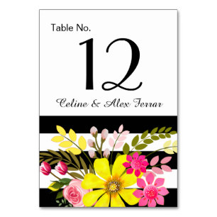 Carte de table Fleurs rayées noir et blanc   jaune