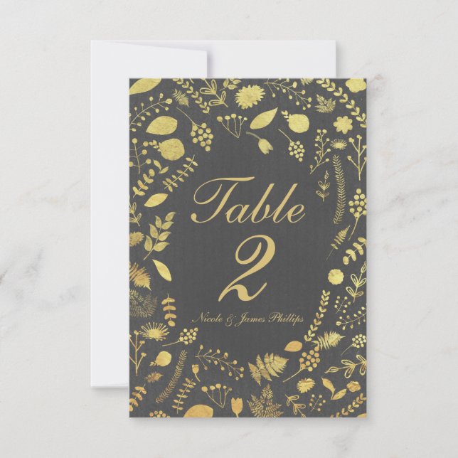 Carte de table Mariage floral gris et or au charbo (Devant)