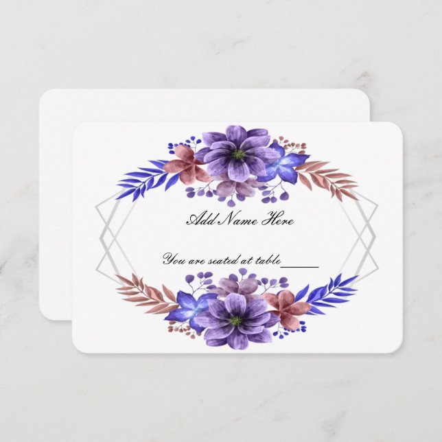 Carte de table Mariage Floral Purple & Blue Waterc (Devant / Derrière)