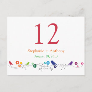 Carte de table Mariage Rainbow Theme Birds Fleurs