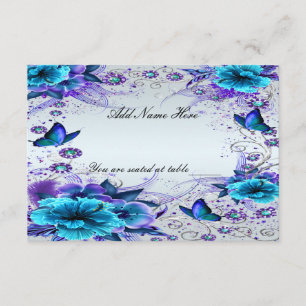 Carte de table papillon et fleurs bleues