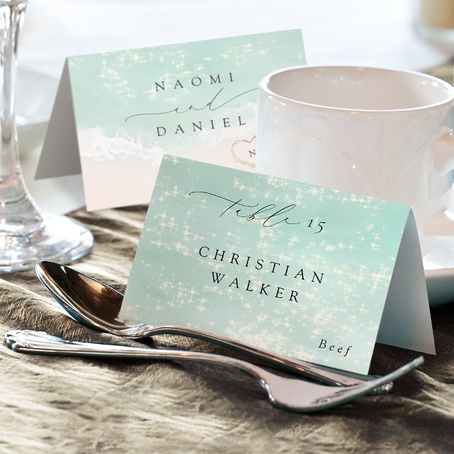 Carte de table pliable Modern Script Hearts Beach (Modern Script Hearts Beach Foldable Place Card)