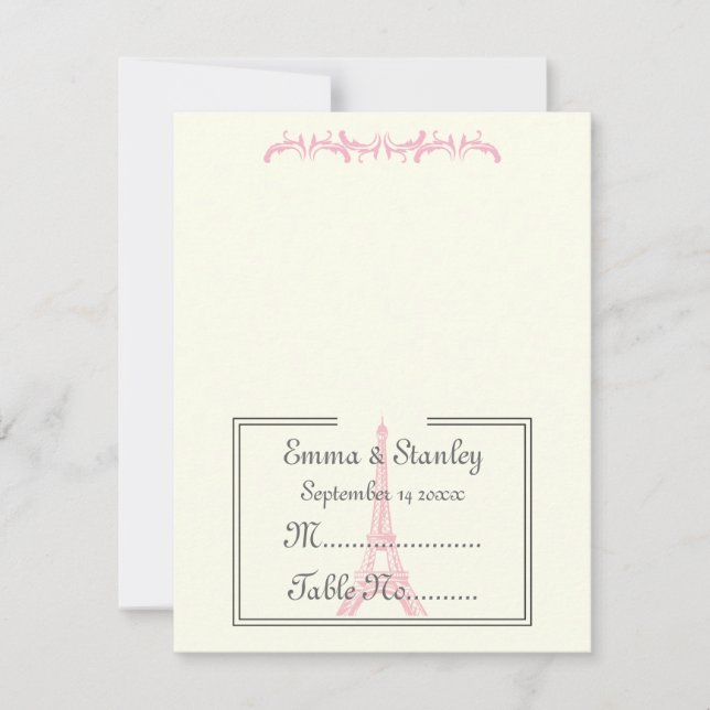 Carte de table tour Eiffel rose mariage de Paris (Devant)