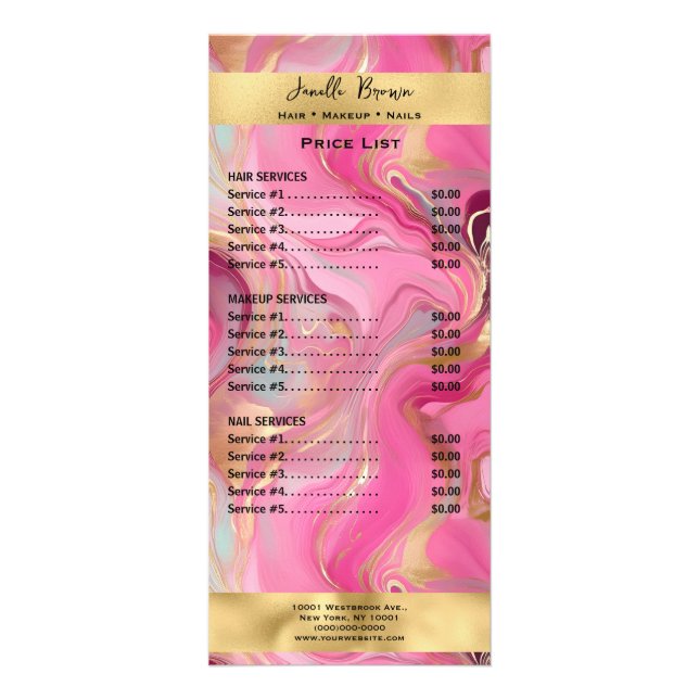 Carte de tarif de services Marbre Rose et Or (Devant)